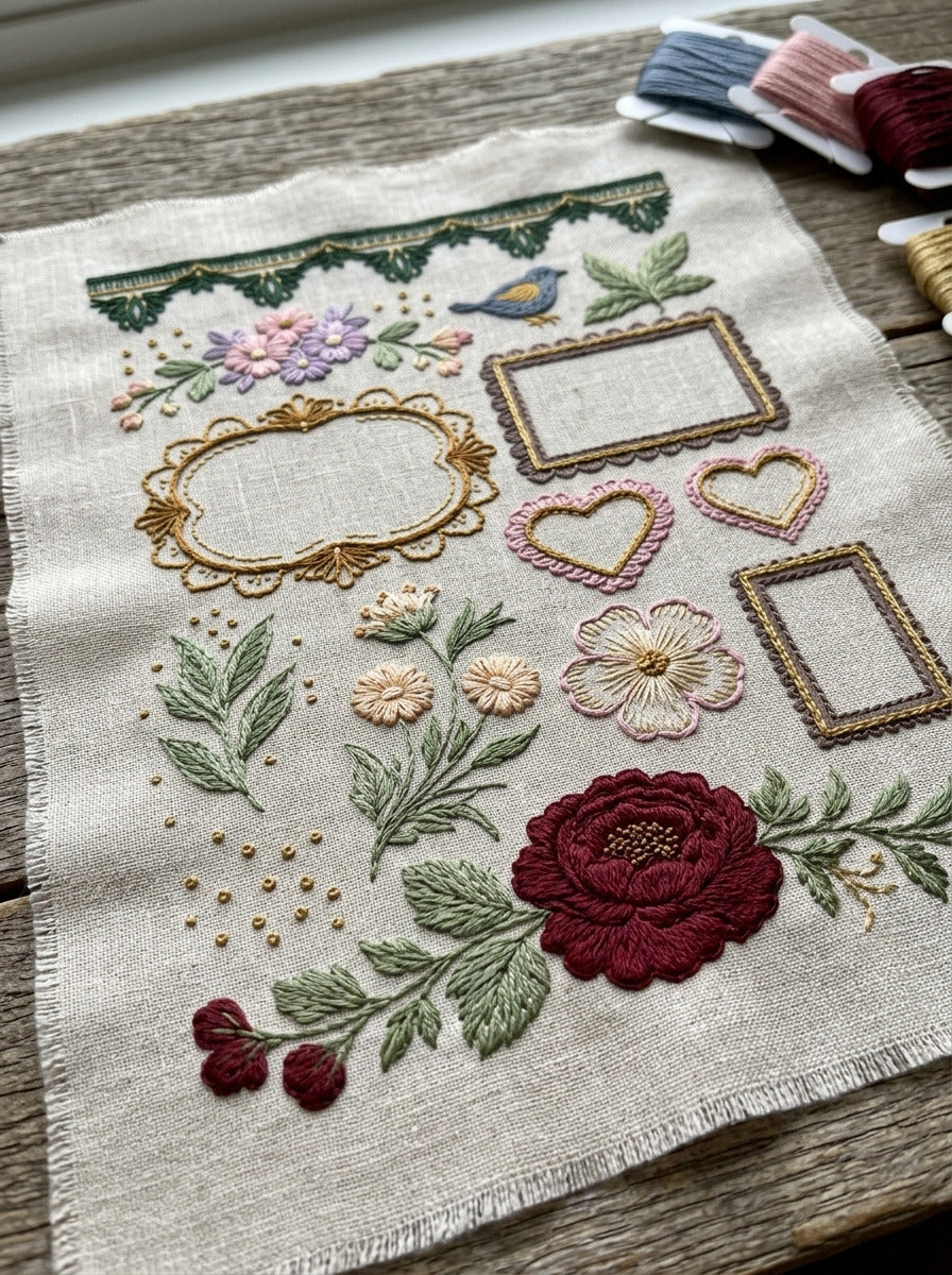 Home Linen Outline Library Plate from Backstitch & Outline Designs Book 1, a digital embroidery design reference for machine embroidery designs, embroidery patterns and linen and home textile projects.