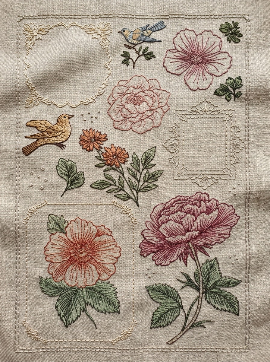 Home Linen Outline Library Plate from Backstitch & Outline Designs Book 3, a digital embroidery design reference for machine embroidery designs, embroidery patterns and linen and home textile projects.