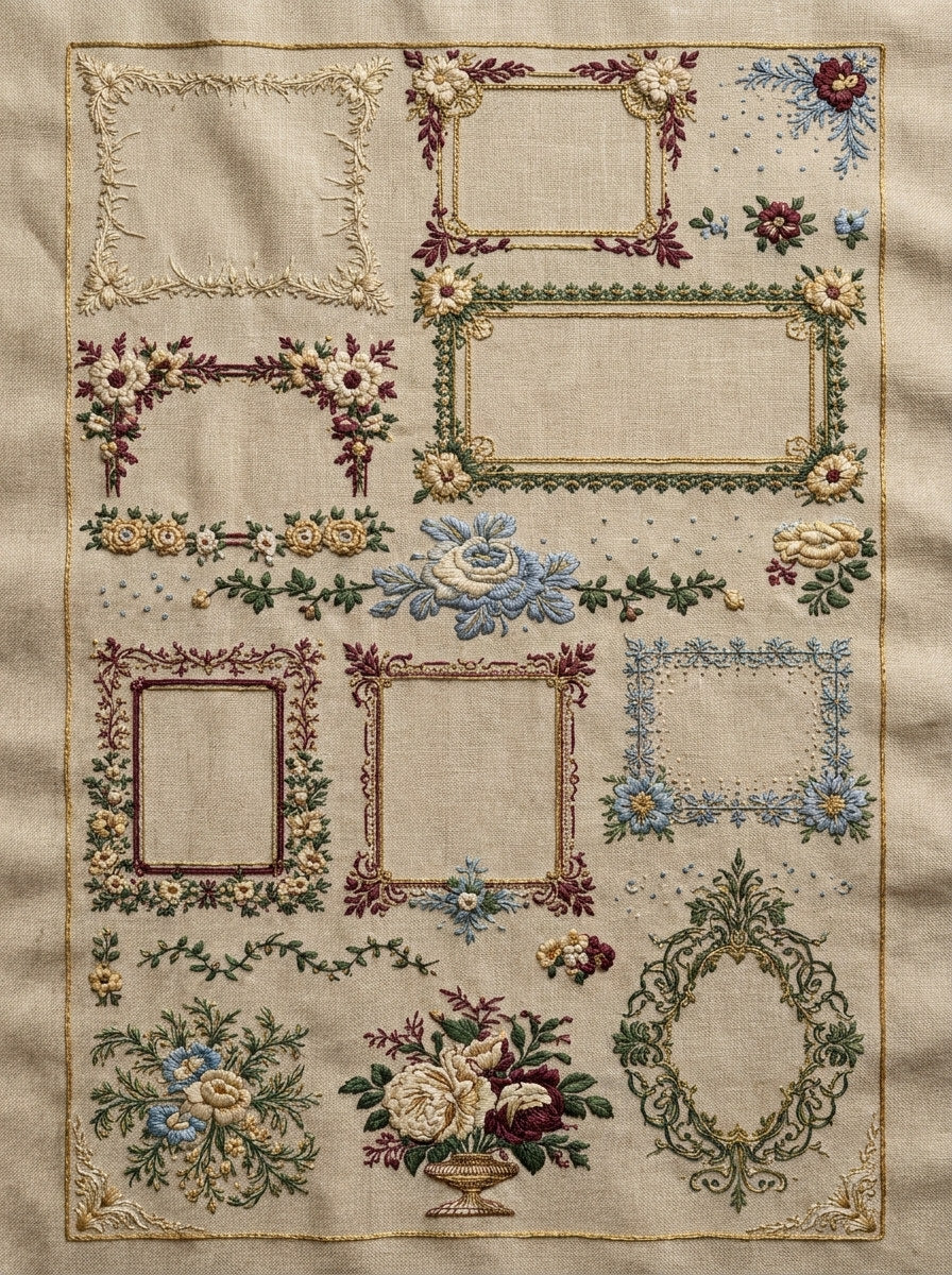 Home Textile Frame Library Plate from Classic Frames & Borders Book 10, a digital embroidery design reference for machine embroidery designs, embroidery patterns and border and edge embroidery.
