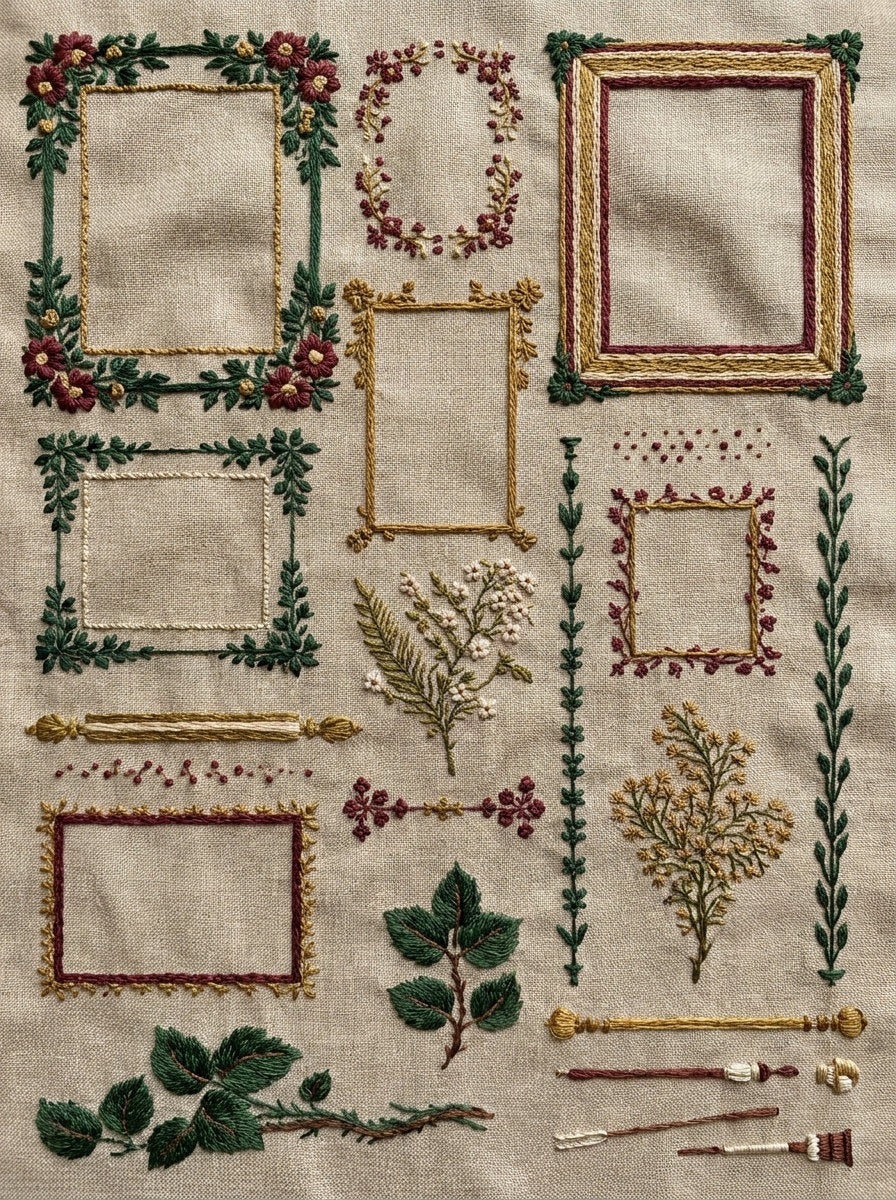 Home Textile Frame Library Plate from Classic Frames & Borders Book 7, a digital embroidery design reference for machine embroidery designs, embroidery patterns and border and edge embroidery.
