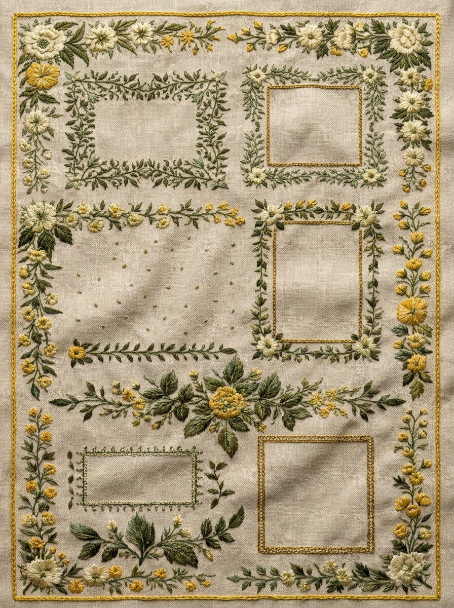 Home Textile Frame Library Plate from Classic Frames & Borders Book 4, a digital embroidery design reference for machine embroidery designs, embroidery patterns and border and edge embroidery.