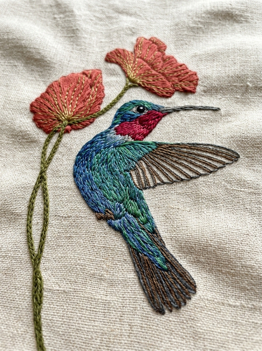 Hummingbird And Flower Motif Birds from Birds Embroidery Book 1, a digital embroidery design reference for machine embroidery designs, embroidery patterns and botanical and floral embroidery.