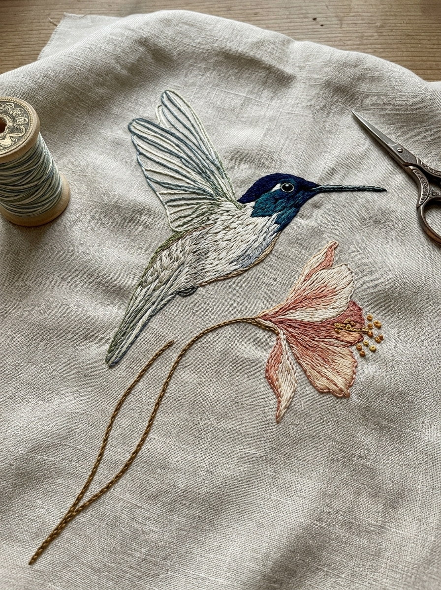 Hummingbird And Flower Motif Birds from Birds Embroidery Book 2, a digital embroidery design reference for machine embroidery designs, embroidery patterns and botanical and floral embroidery.