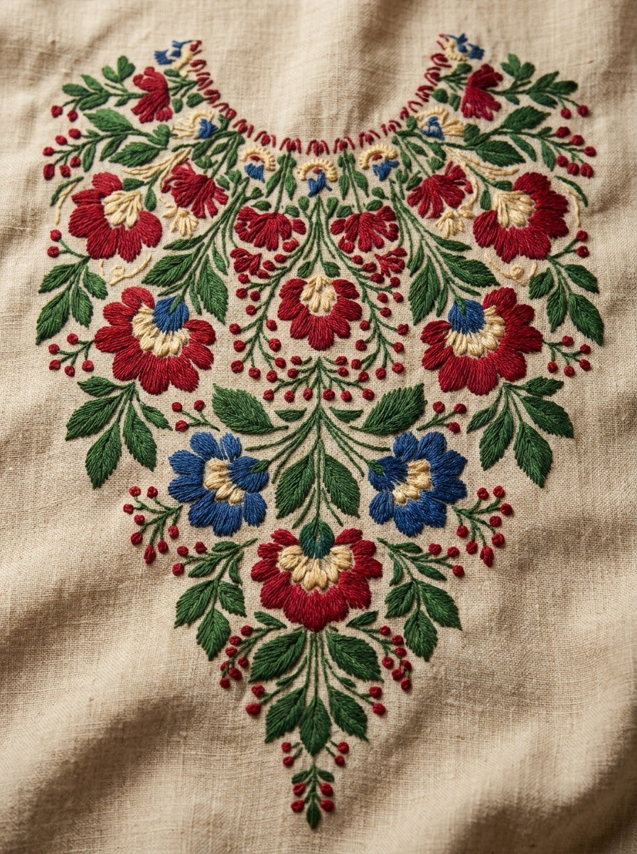 Hungarian Folk Dress Yoke from Hungarian & Slavic Embroidery Motifs Book 2, a digital embroidery design reference for machine embroidery designs, embroidery patterns and garment placement ideas.