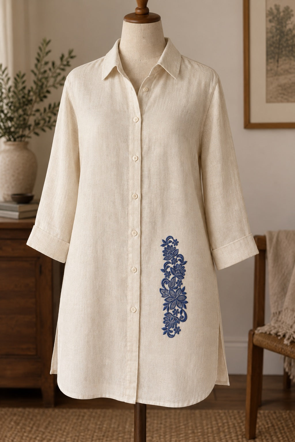 Styled linen shirt mockup with a single deep smoky indigo blue fan flower botanical spray embroidered on pale linen; the complete motif has clear fabric around it.
