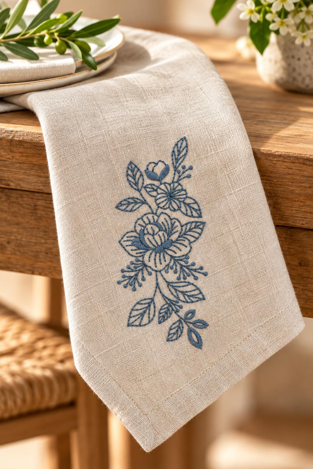 Photorealistic outlined two flower bouquet machine embroidery in muted indigo blue thread on a linen guest towel, shown as one fabric-stitched motif
