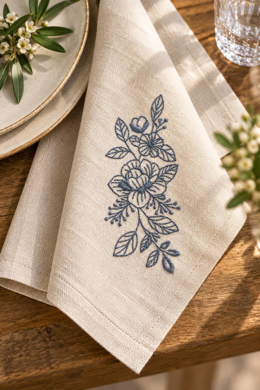Photorealistic outlined two flower bouquet machine embroidery in muted indigo blue thread on a linen napkin, shown as one fabric-stitched motif