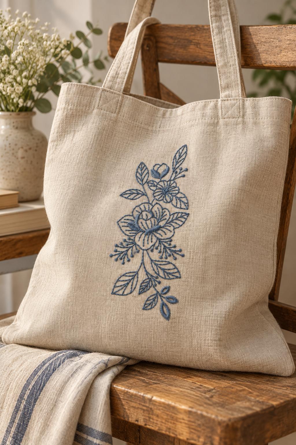 Photorealistic outlined two flower bouquet machine embroidery in muted indigo blue thread on a linen tote bag, shown as one fabric-stitched motif