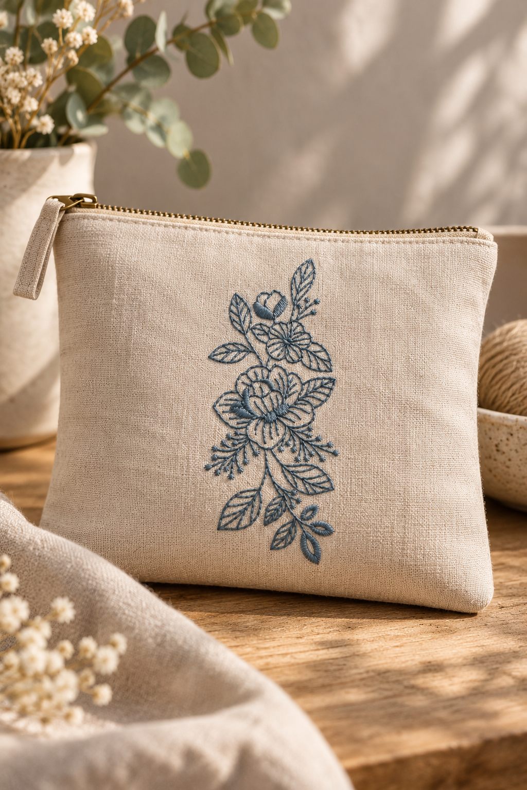 Photorealistic outlined two flower bouquet machine embroidery in muted indigo blue thread on a linen project pouch, shown as one fabric-stitched motif