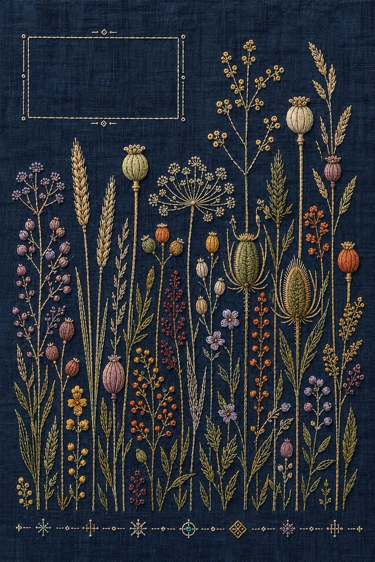 Illustrative embroidery design: Seed heads rise across indigo linen below a small rectangular opening.