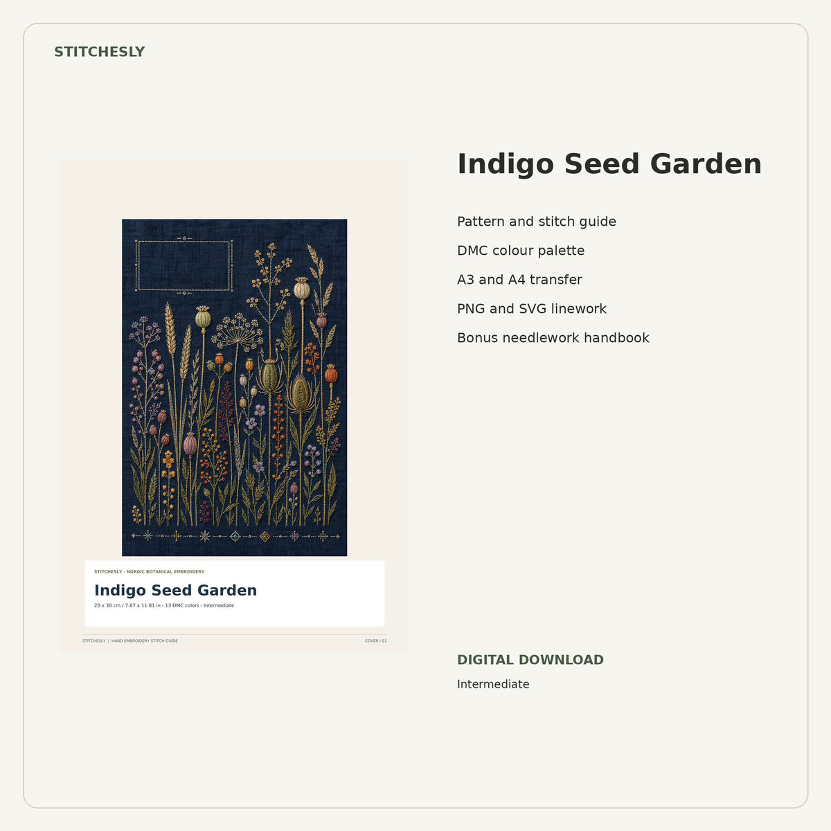 Indigo Seed Garden PDF stitch guide cover, pattern files and bonus needlework handbook.