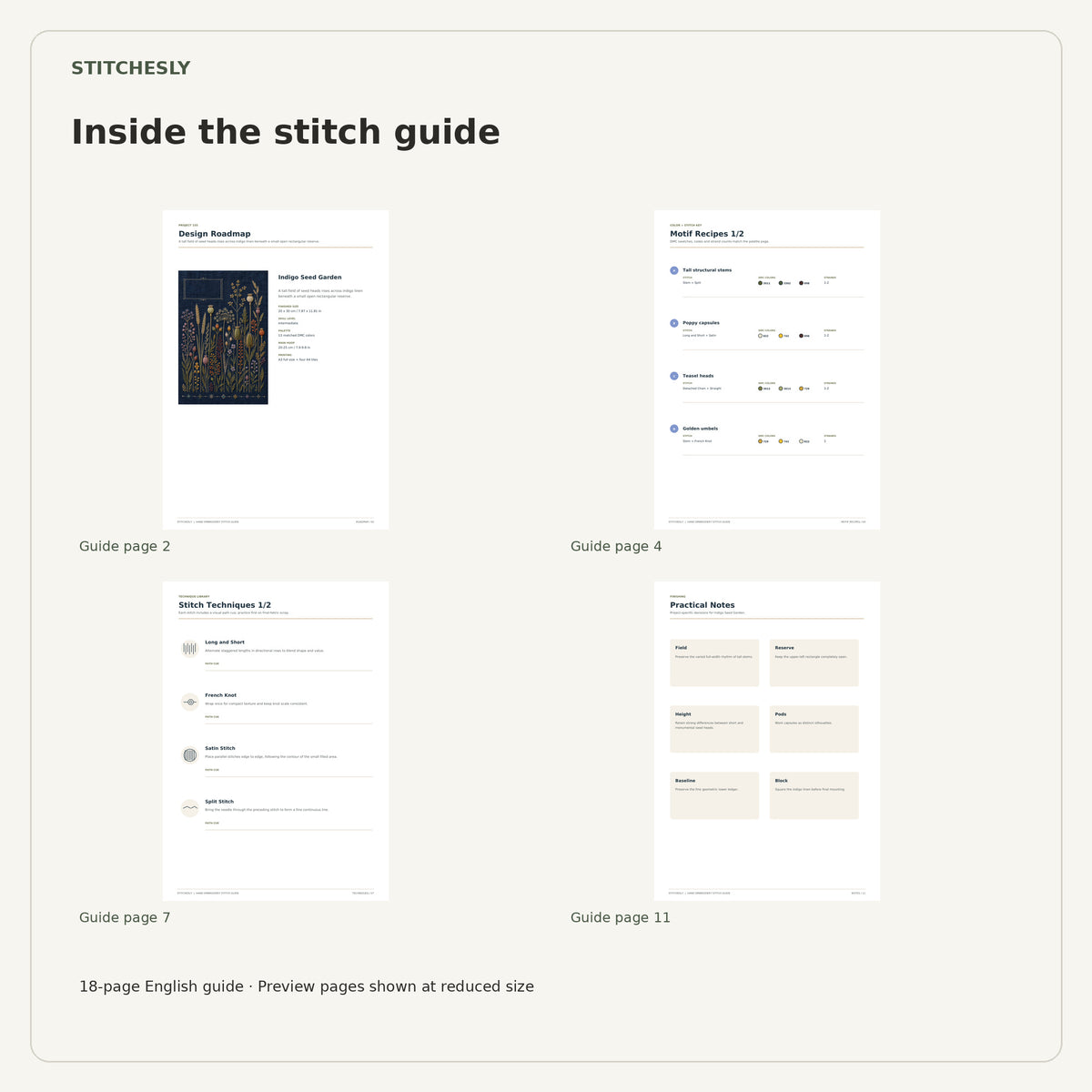 Four reduced-size preview pages from the 18-page Indigo Seed Garden stitch guide.