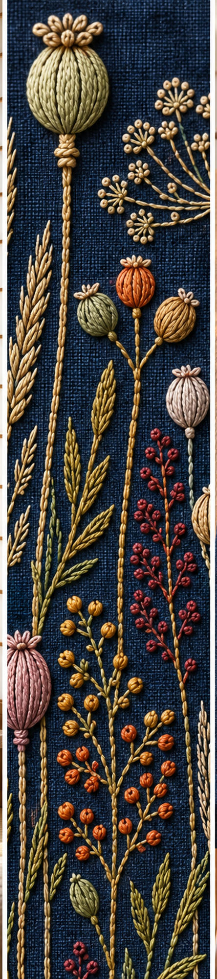 Navy embroidery close view mockup featuring the Indigo Seed Garden hand embroidery design. Seed heads rise across indigo linen below a small rectangular opening.