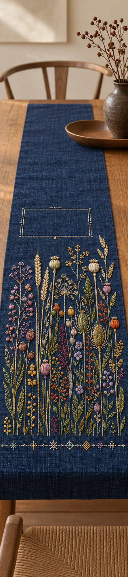 Navy textile laid flat mockup featuring the Indigo Seed Garden hand embroidery design. Seed heads rise across indigo linen below a small rectangular opening.