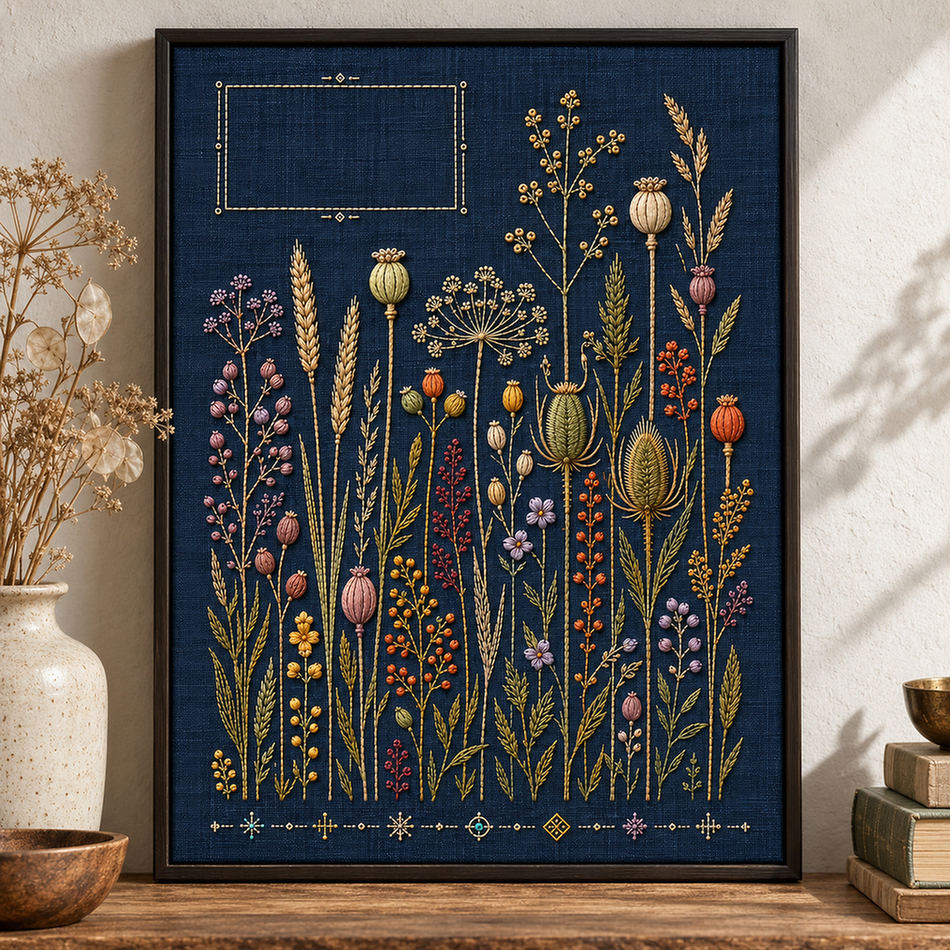 Navy linen tote bag mockup featuring the Indigo Seed Garden hand embroidery design. Seed heads rise across indigo linen below a small rectangular opening.