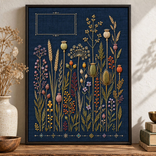 Navy linen tote bag mockup featuring the Indigo Seed Garden hand embroidery design. Seed heads rise across indigo linen below a small rectangular opening.