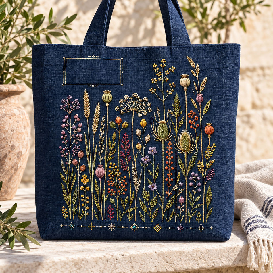 Framed navy textile mockup featuring the Indigo Seed Garden hand embroidery design. Seed heads rise across indigo linen below a small rectangular opening.
