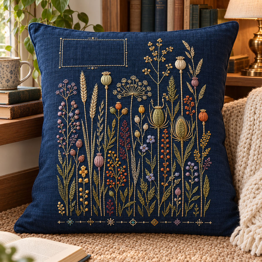 Navy linen cushion mockup featuring the Indigo Seed Garden hand embroidery design. Seed heads rise across indigo linen below a small rectangular opening.