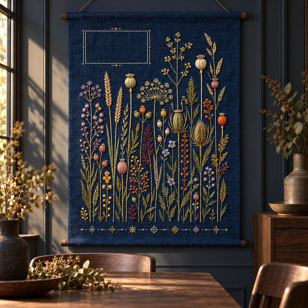 Hanging navy textile mockup featuring the Indigo Seed Garden hand embroidery design. Seed heads rise across indigo linen below a small rectangular opening.