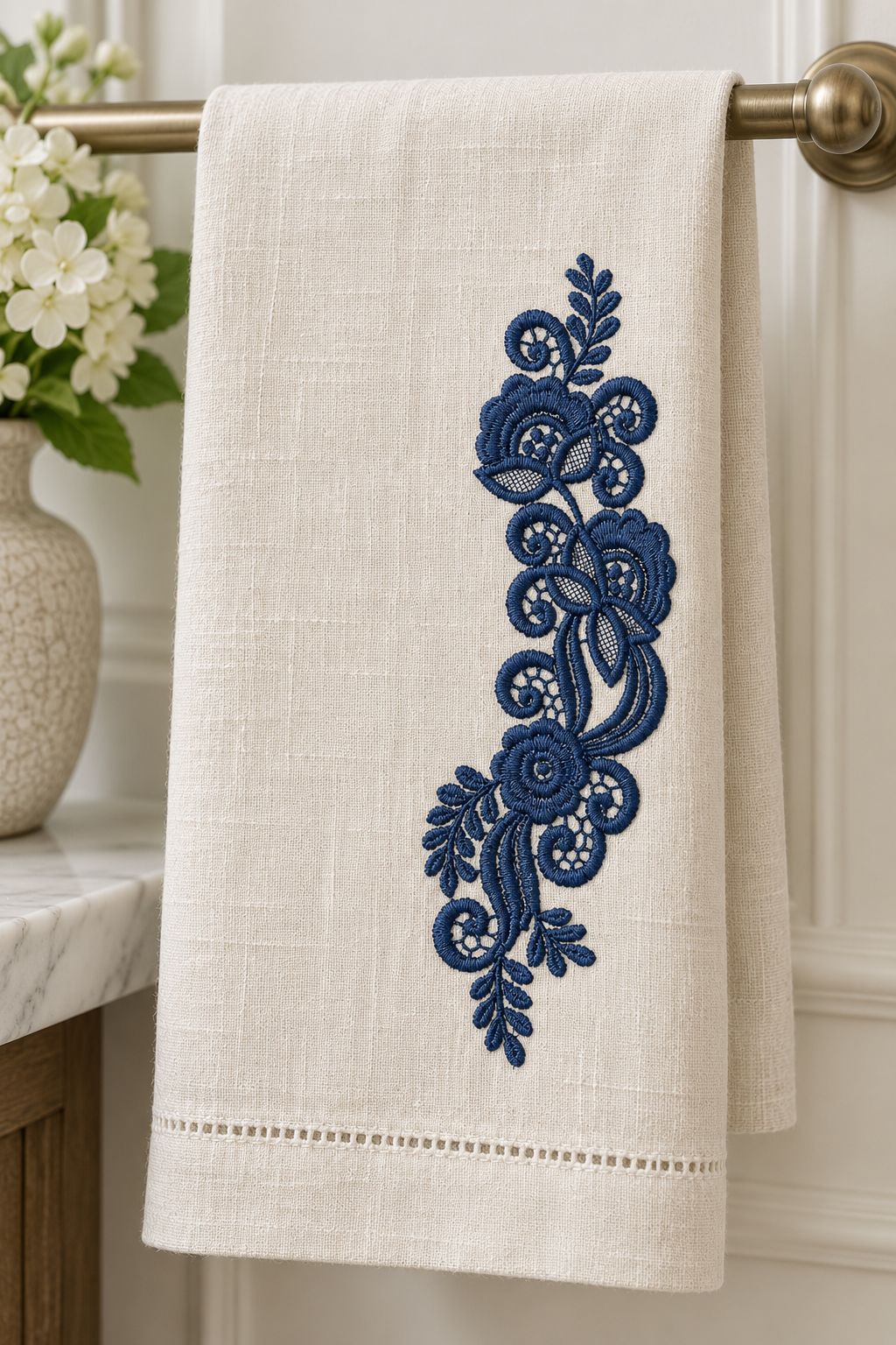 Photorealistic vertical floral lace spray machine embroidery in deep ink blue thread on a long linen guest towel, shown as one fabric-stitched motif