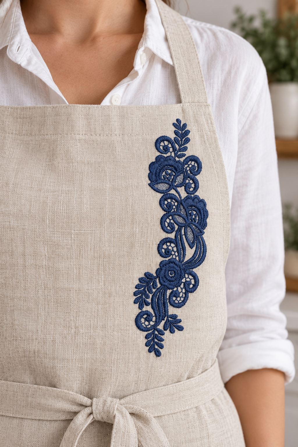 Photorealistic vertical floral lace spray machine embroidery in deep ink blue thread on a linen apron chest panel, shown as one fabric-stitched motif