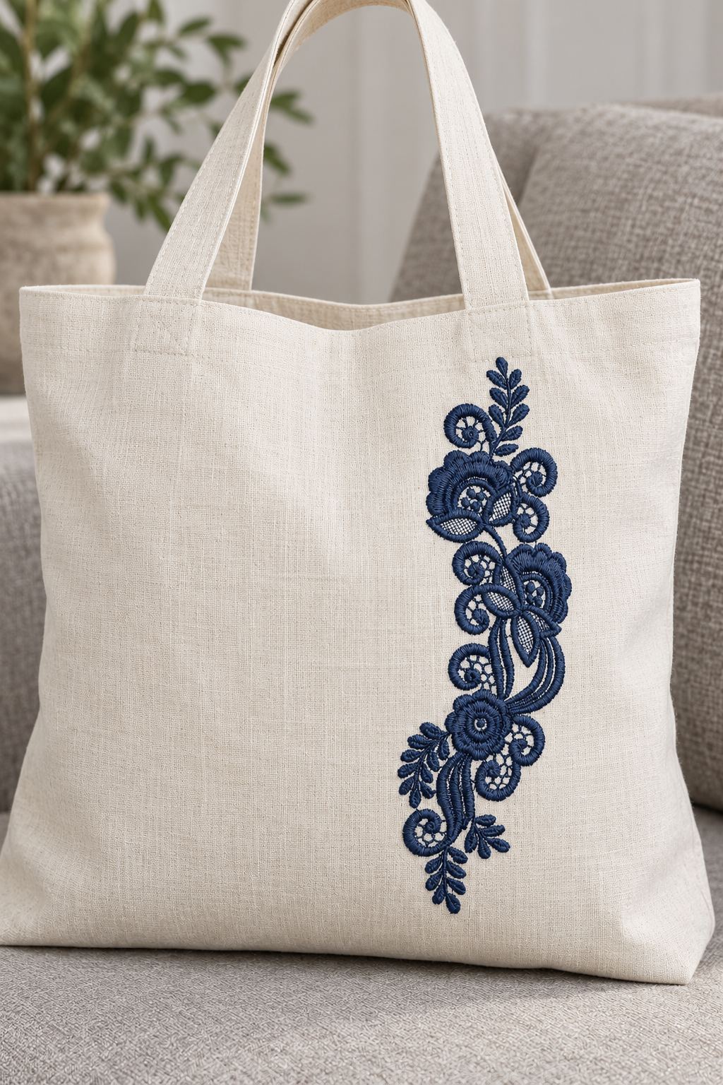 Photorealistic vertical floral lace spray machine embroidery in deep ink blue thread on a oversized linen tote, shown as one fabric-stitched motif