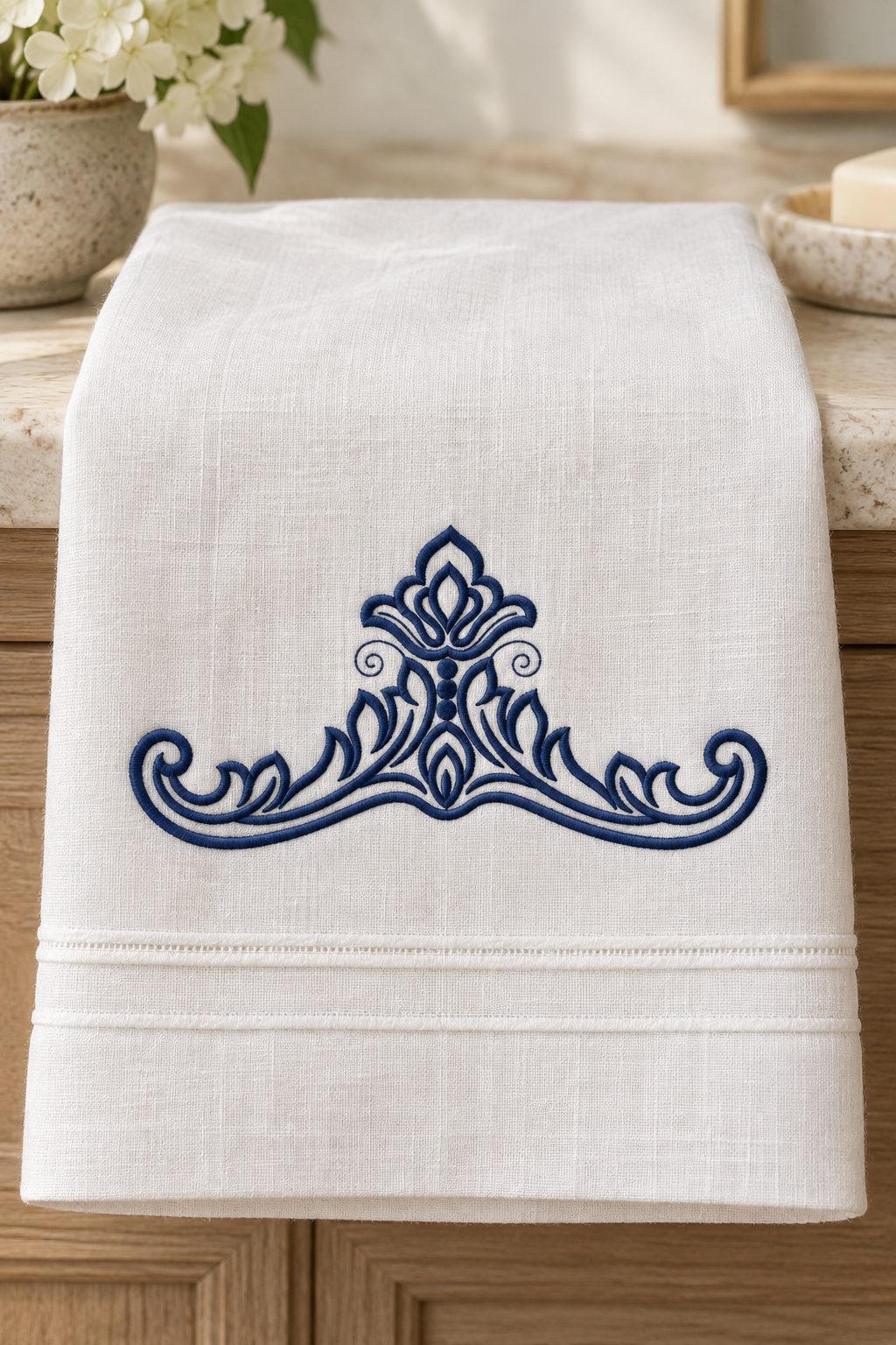 Photorealistic acanthus leaf crest machine embroidery in deep ink navy thread on a linen hand towel, shown as one fabric-stitched motif