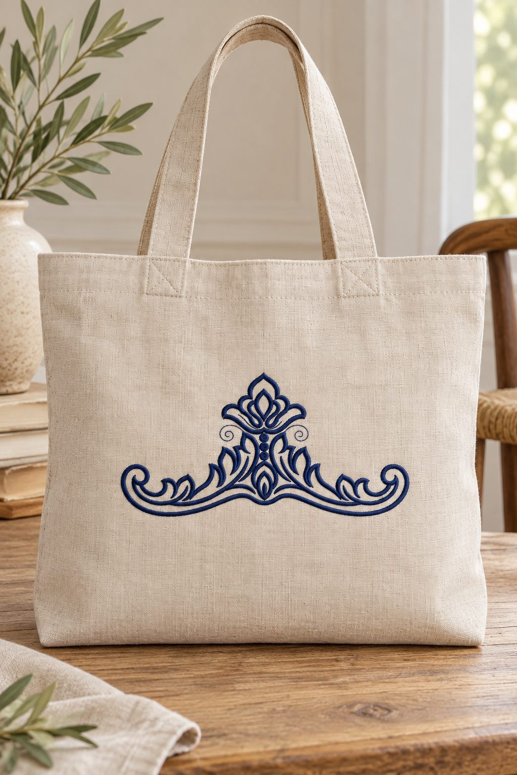 Photorealistic acanthus leaf crest machine embroidery in deep ink navy thread on a natural linen tote bag, shown as one fabric-stitched motif