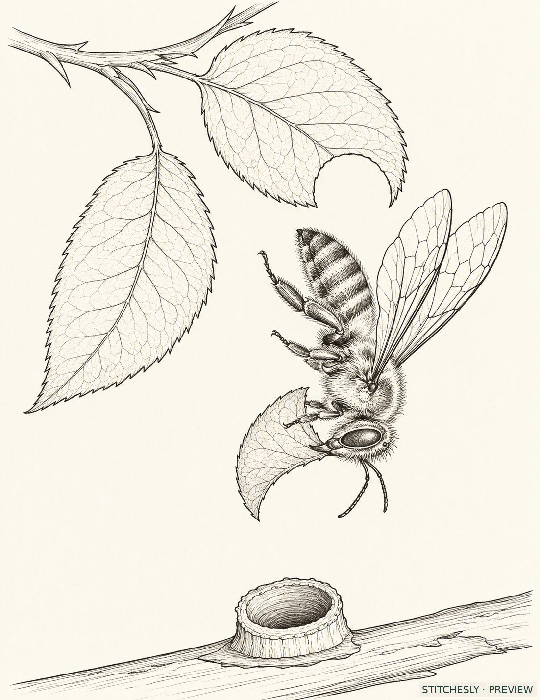 Study 01 A, Leafcutter Bee Carrying the Green Crescent. Reference drawing from The Insect Embroidery Cabinet.
