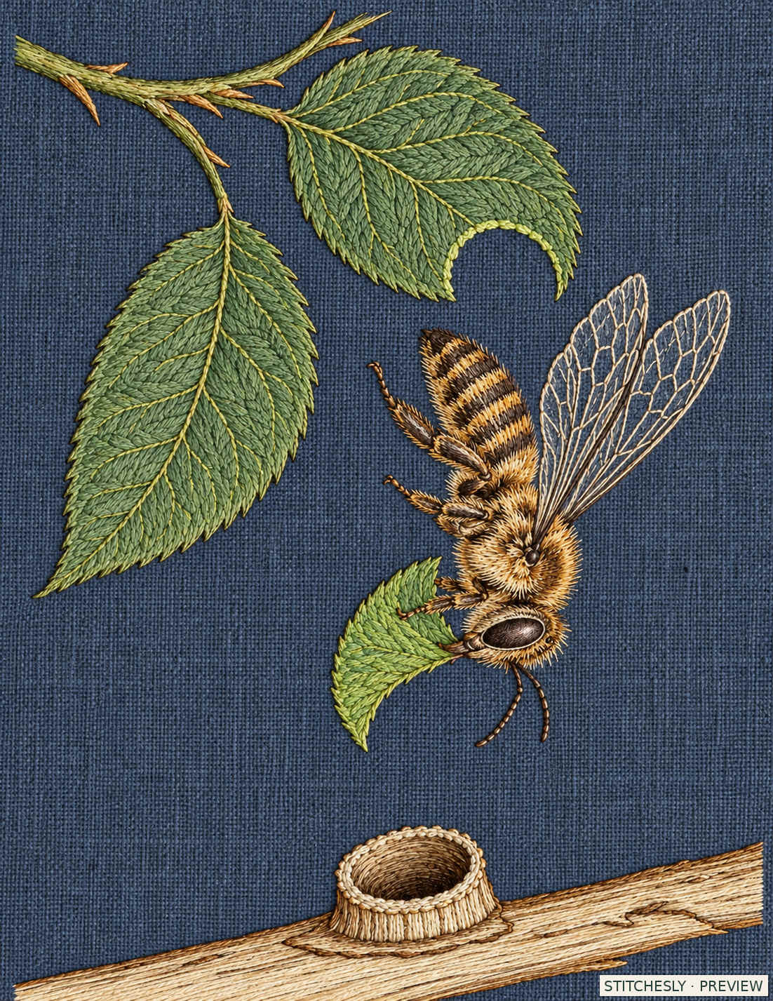 Study 01 B, Leafcutter Bee Carrying the Green Crescent. Embroidered textile interpretation from The Insect Embroidery Cabinet.