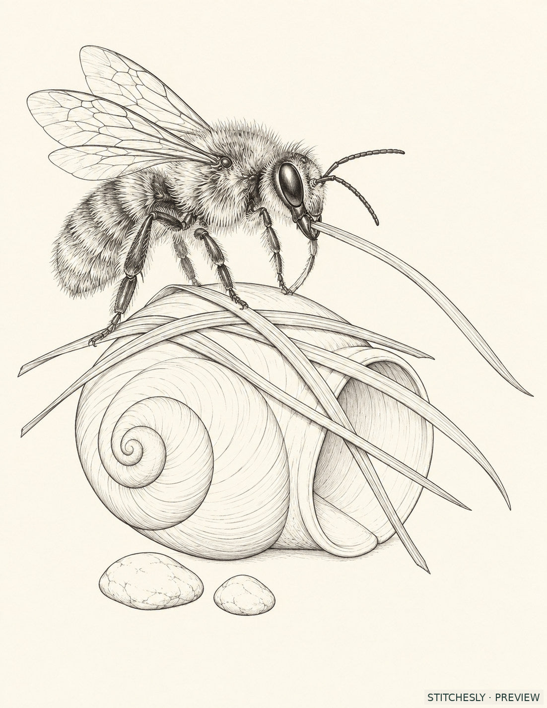 Study 04 A, Shell Nest Bee Beneath the Grass Cover. Reference drawing from The Insect Embroidery Cabinet.