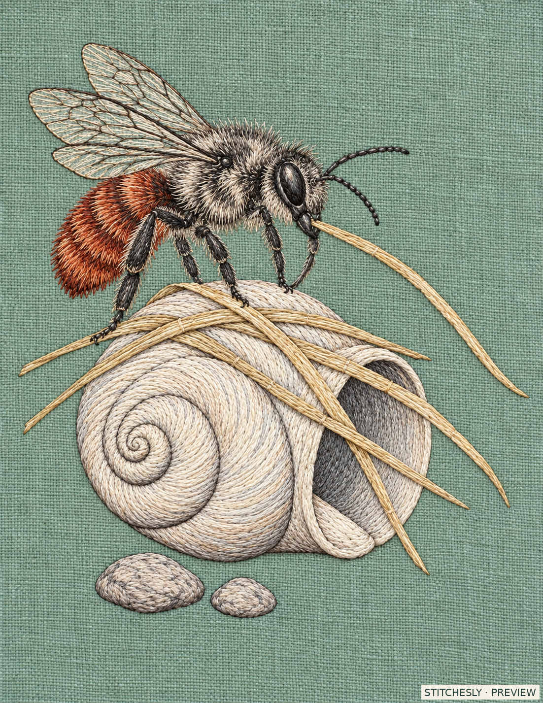 Study 04 B, Shell Nest Bee Beneath the Grass Cover. Embroidered textile interpretation from The Insect Embroidery Cabinet.