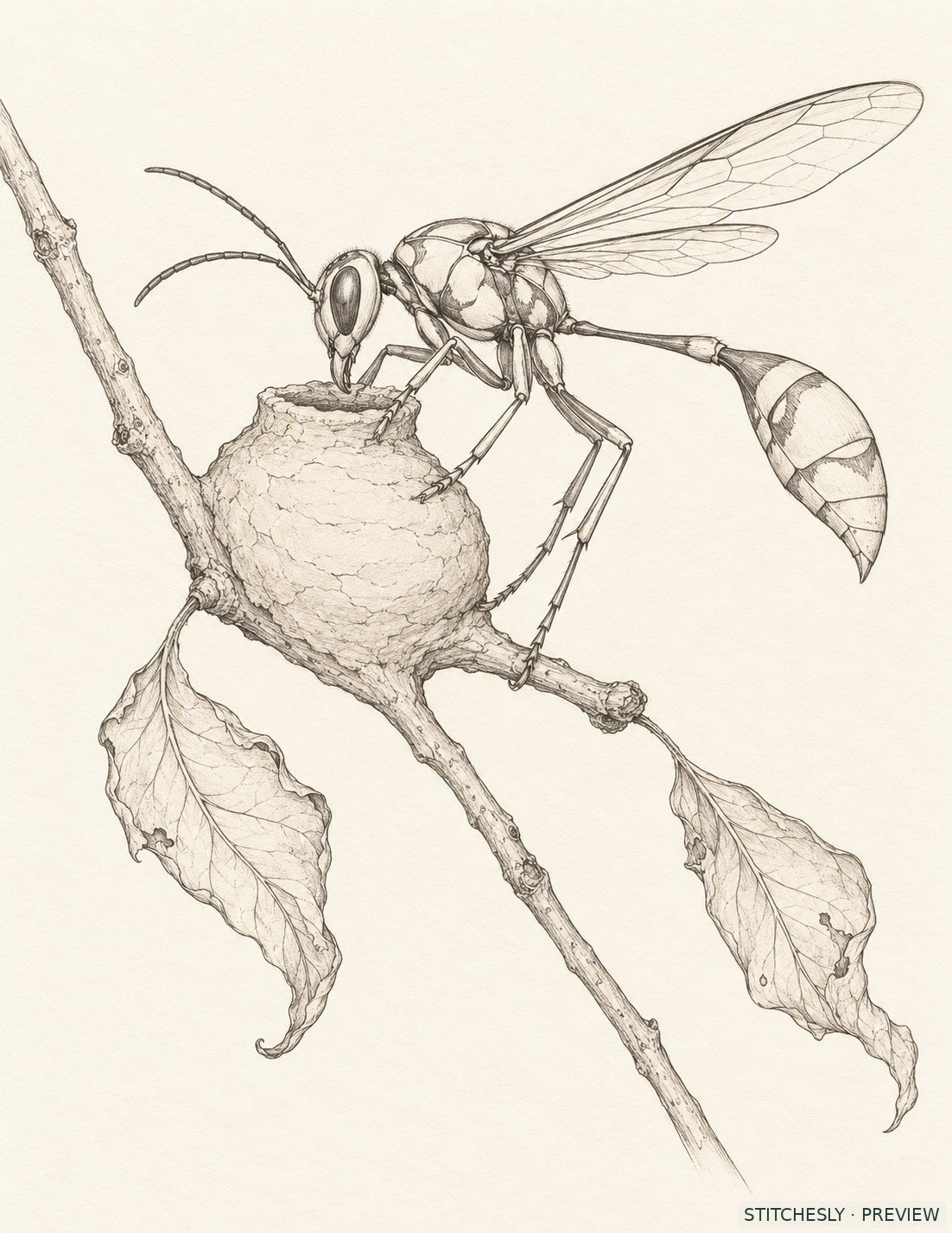 Study 10 A, Potter Wasp at the Unfinished Neck. Reference drawing from The Insect Embroidery Cabinet.