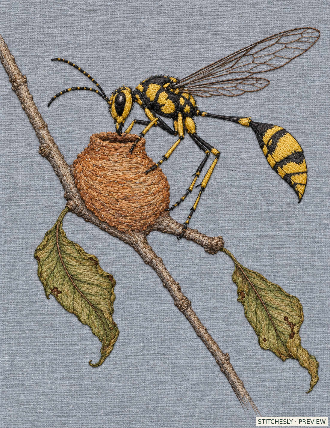 Study 10 B, Potter Wasp at the Unfinished Neck. Embroidered textile interpretation from The Insect Embroidery Cabinet.