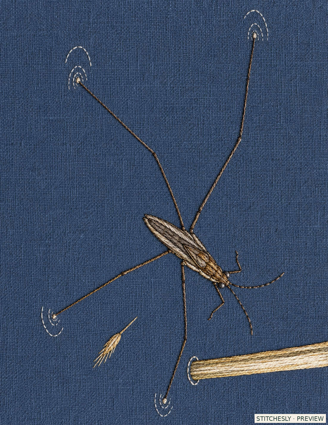 Study 21 B, Pond Skater Turning at the Reed Shadow. Embroidered textile interpretation from The Insect Embroidery Cabinet.