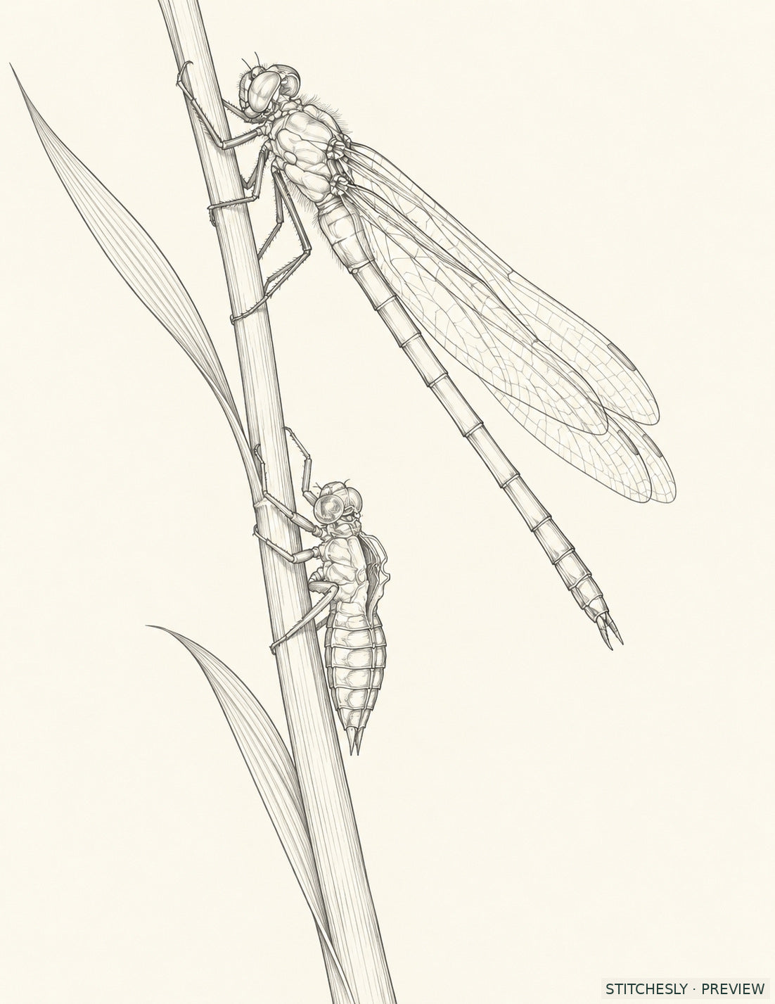Study 26 A, New Dragonfly Above the Empty Skin. Reference drawing from The Insect Embroidery Cabinet.