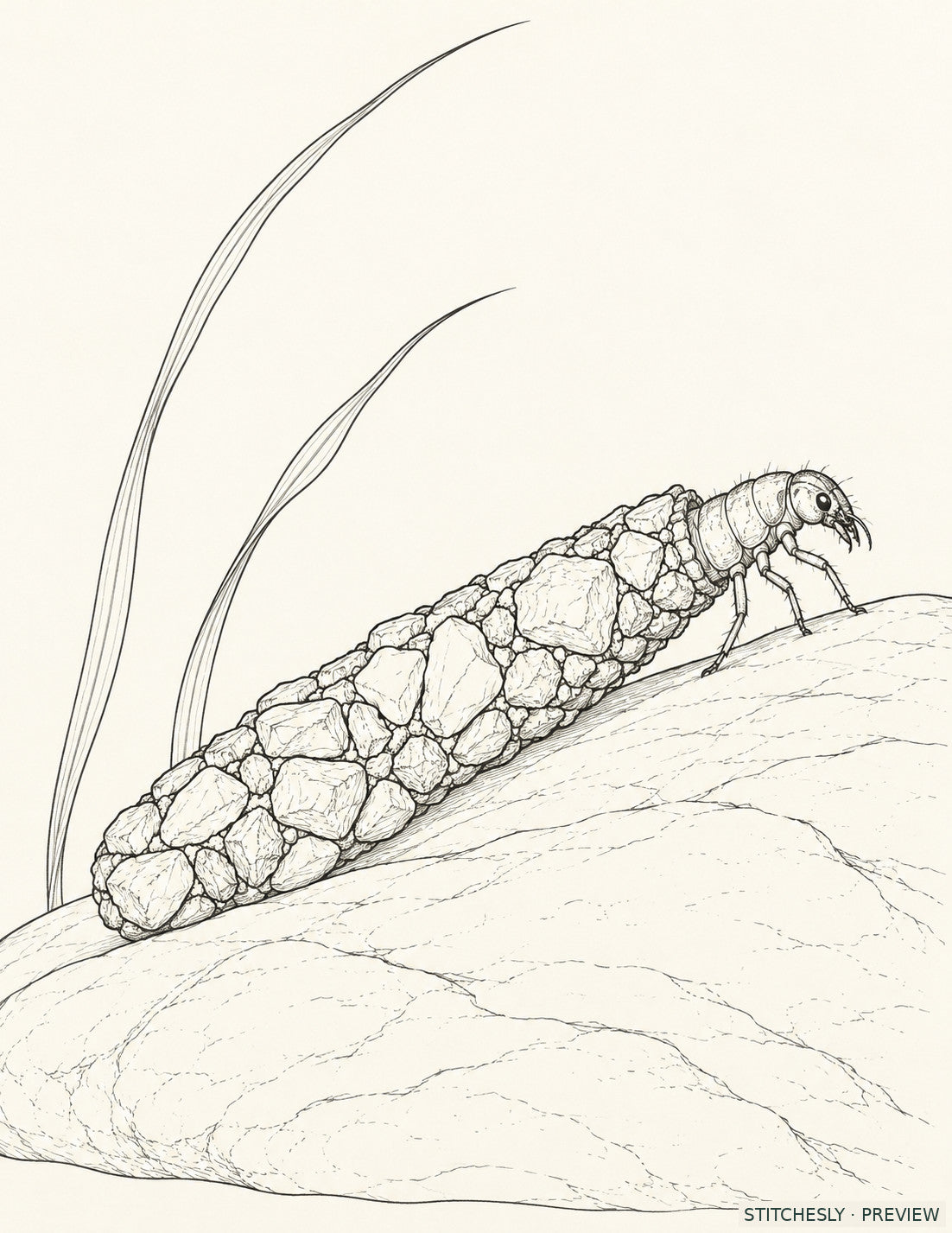 Study 30 A, Caddis Larva Pulling the Pebble Case. Reference drawing from The Insect Embroidery Cabinet.
