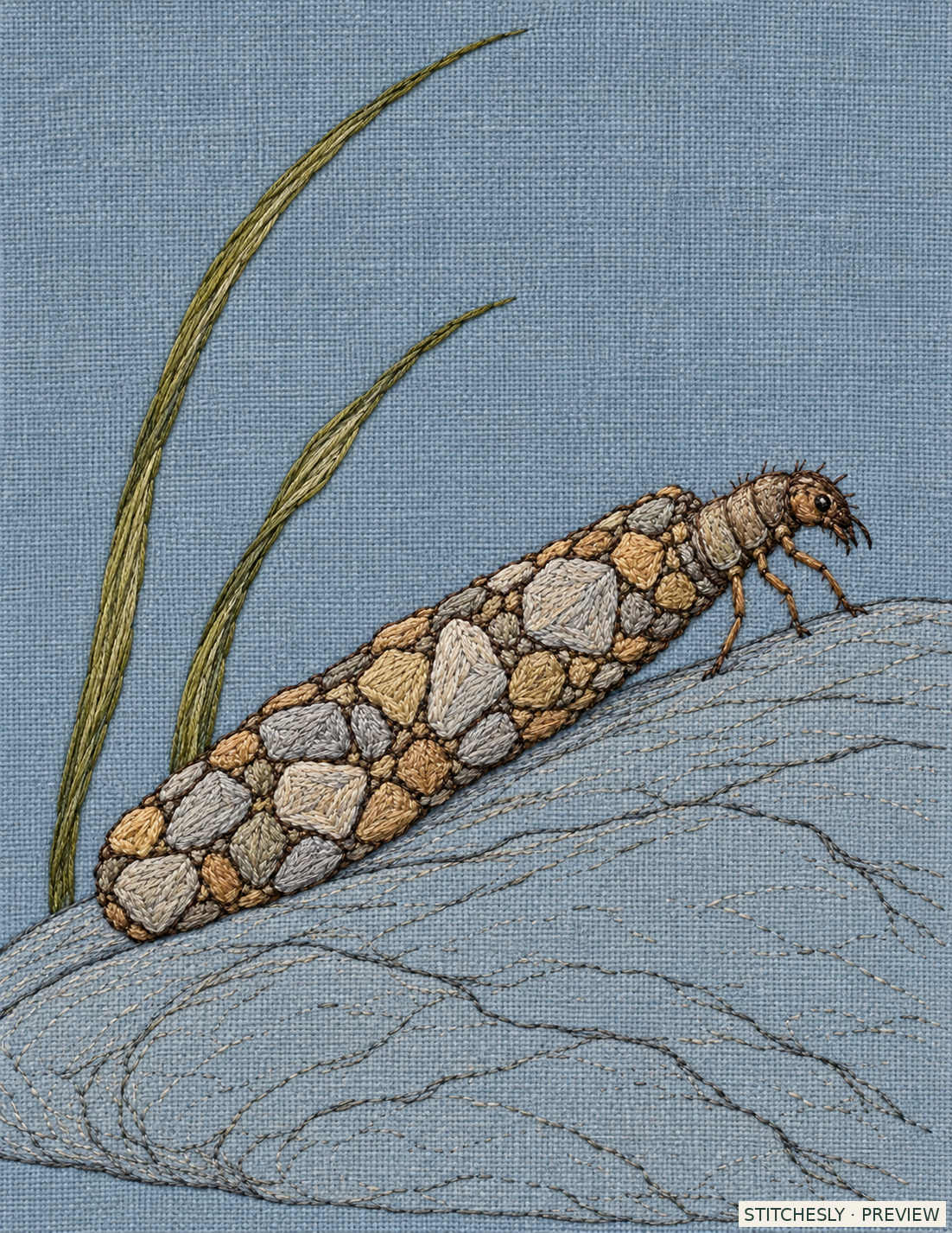 Study 30 B, Caddis Larva Pulling the Pebble Case. Embroidered textile interpretation from The Insect Embroidery Cabinet.