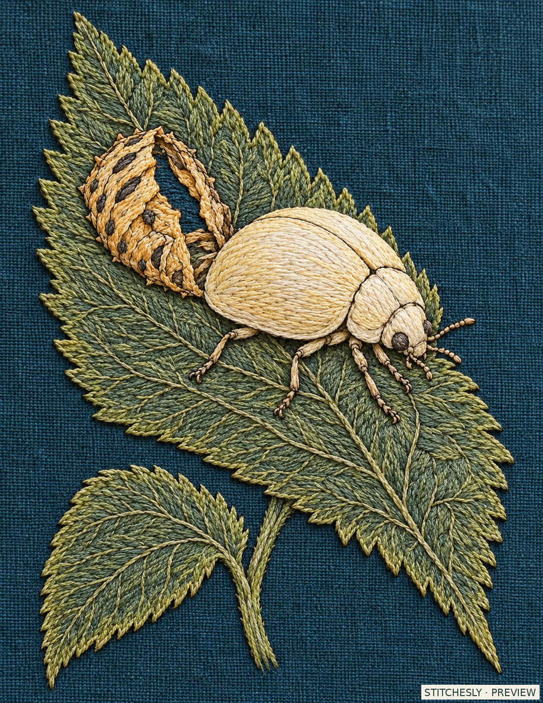 Study 41 B, Ladybird Opening the Pupal Seam. Embroidered textile interpretation from The Insect Embroidery Cabinet.