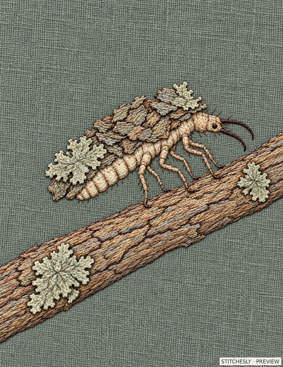 Study 48 B, Lacewing Larva Under the Debris Mantle. Embroidered textile interpretation from The Insect Embroidery Cabinet.