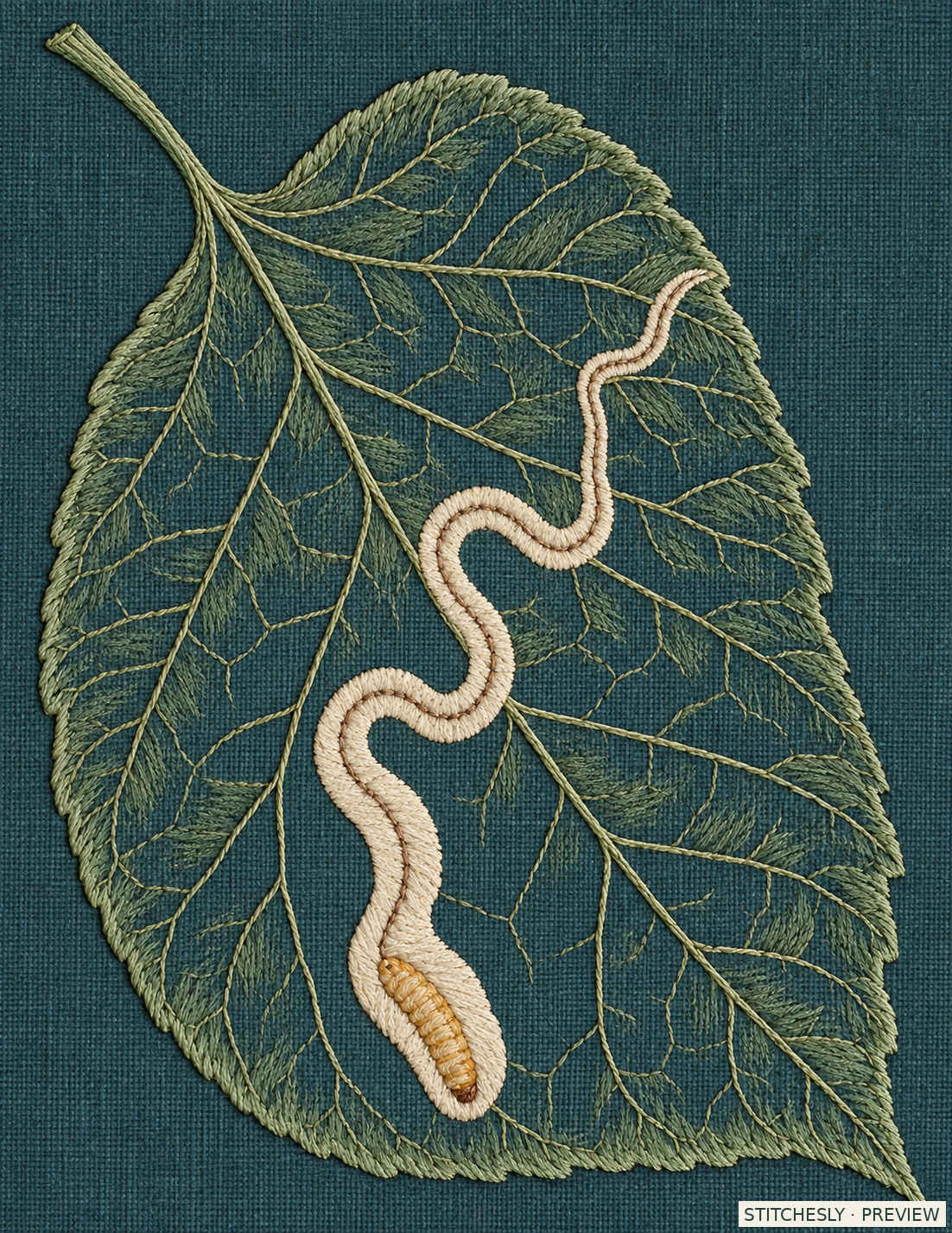 Study 52 B, Leaf Miner Behind the Pale Serpentine. Embroidered textile interpretation from The Insect Embroidery Cabinet.