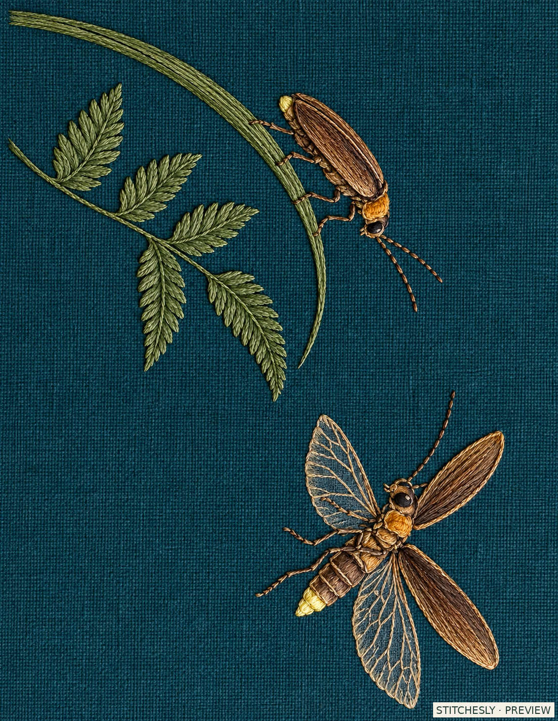 Study 65 B, Two Fireflies Across the Fern Opening. Embroidered textile interpretation from The Insect Embroidery Cabinet.