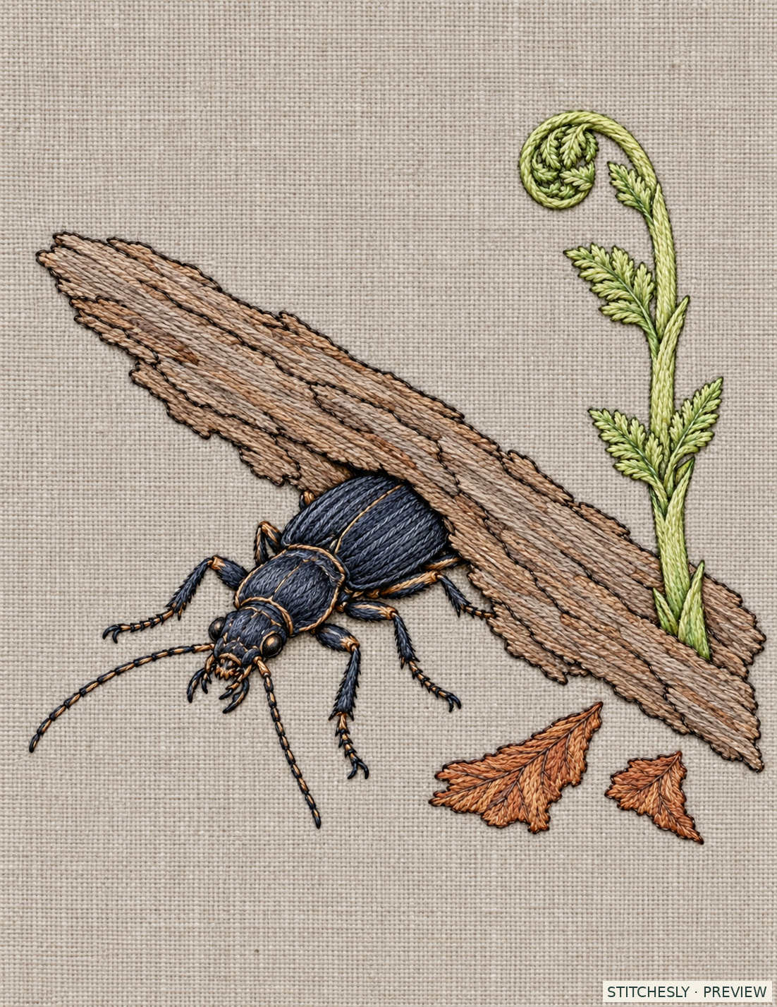 Study 80 B, Beetle and New Shoot at the Spring Opening. Embroidered textile interpretation from The Insect Embroidery Cabinet.