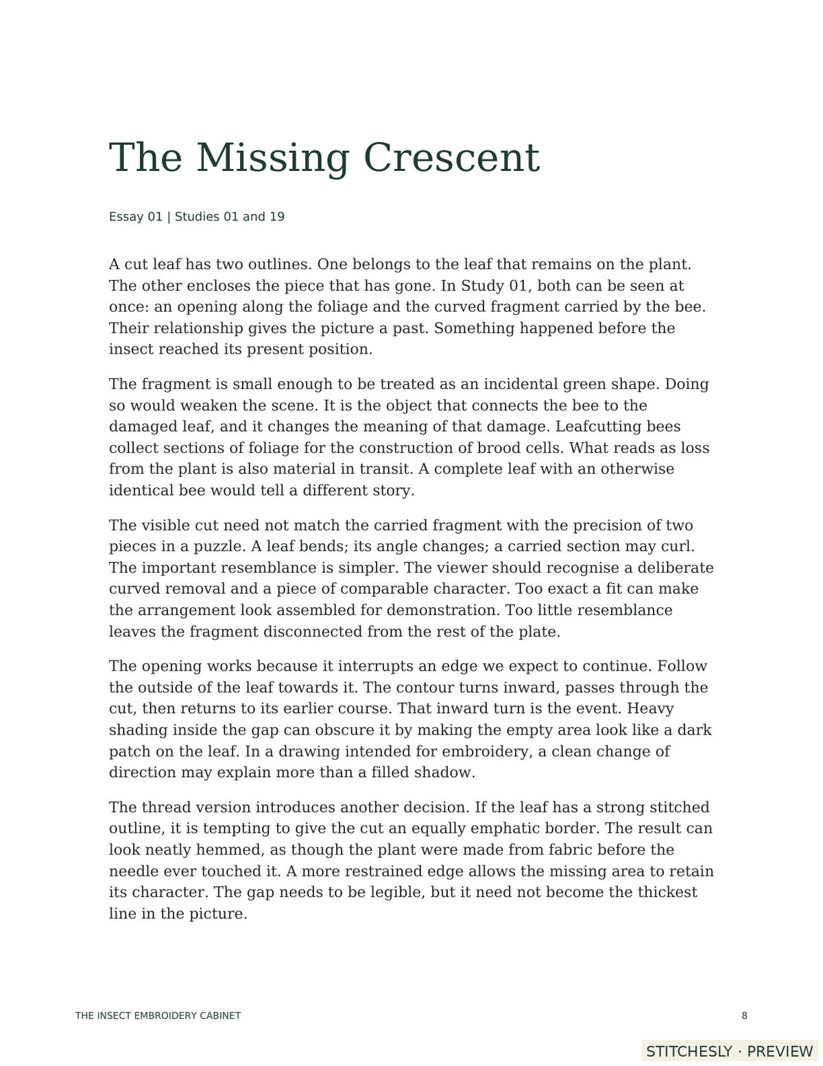 The Missing Crescent, an interior essay page discussing leafcutter bees, leaf shapes and their translation into embroidery. One of twelve essays in the book.