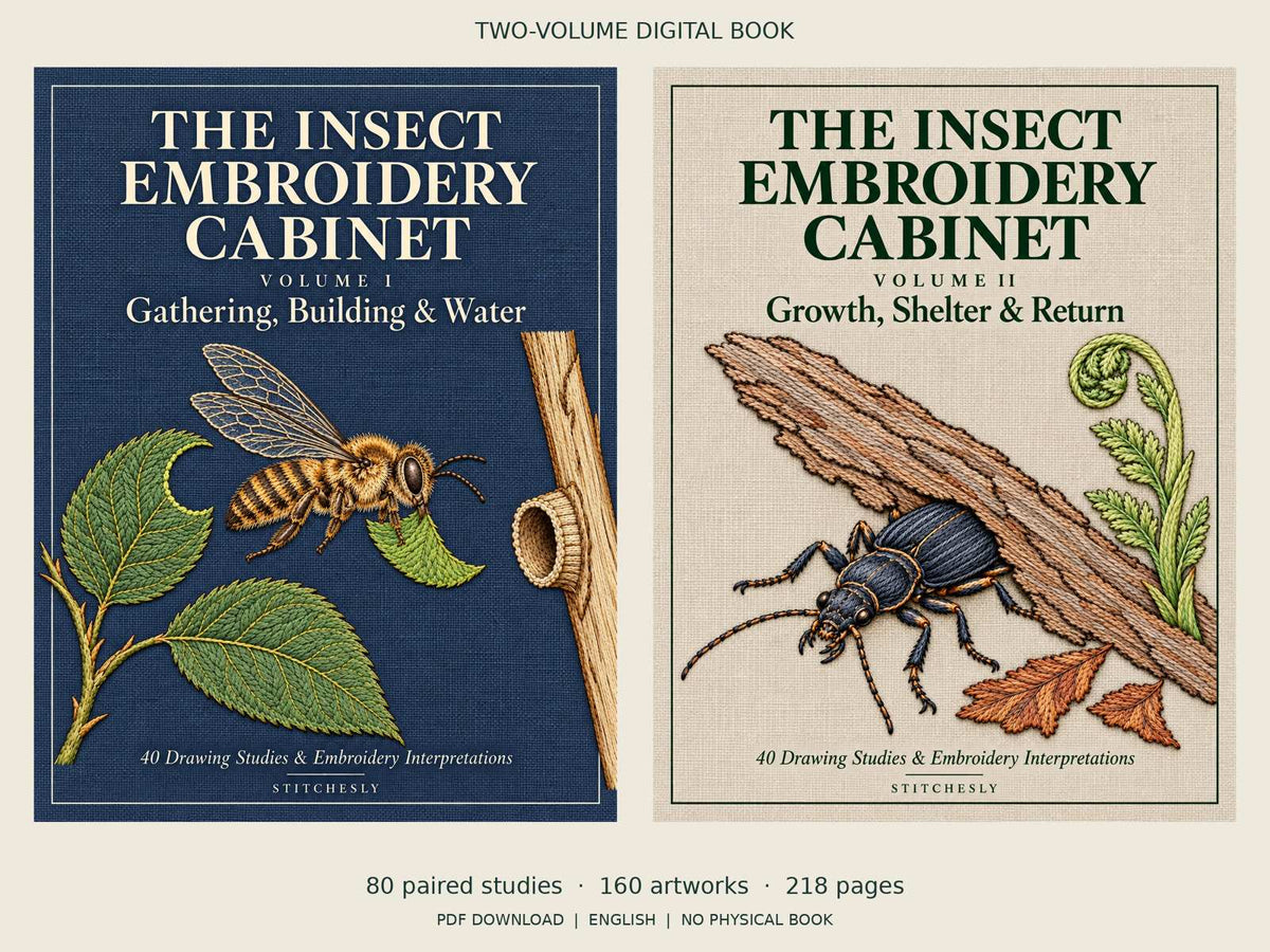 The Insect Embroidery Cabinet, two large covers: Volume I and Volume II. Digital PDF set with 80 paired studies, 160 artworks and 218 pages.