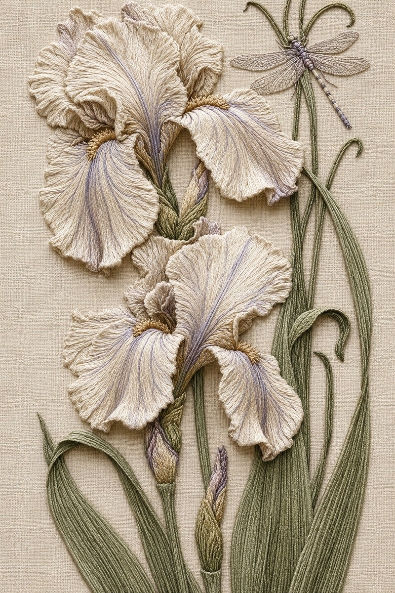 Iris And Dragonfly Vertical Design from Art Nouveau Needlework Book 3, a digital embroidery design reference for machine embroidery designs, embroidery patterns and embroidery design reference.