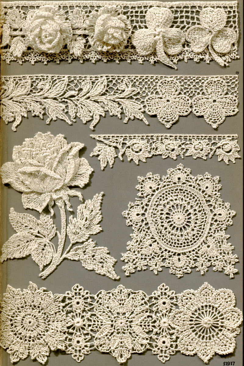 Irish Lace Crochet Border Collection from Crochet Lace Borders & Edgings Book 1, a digital embroidery design reference for machine embroidery designs, embroidery patterns and border and edge embroidery.