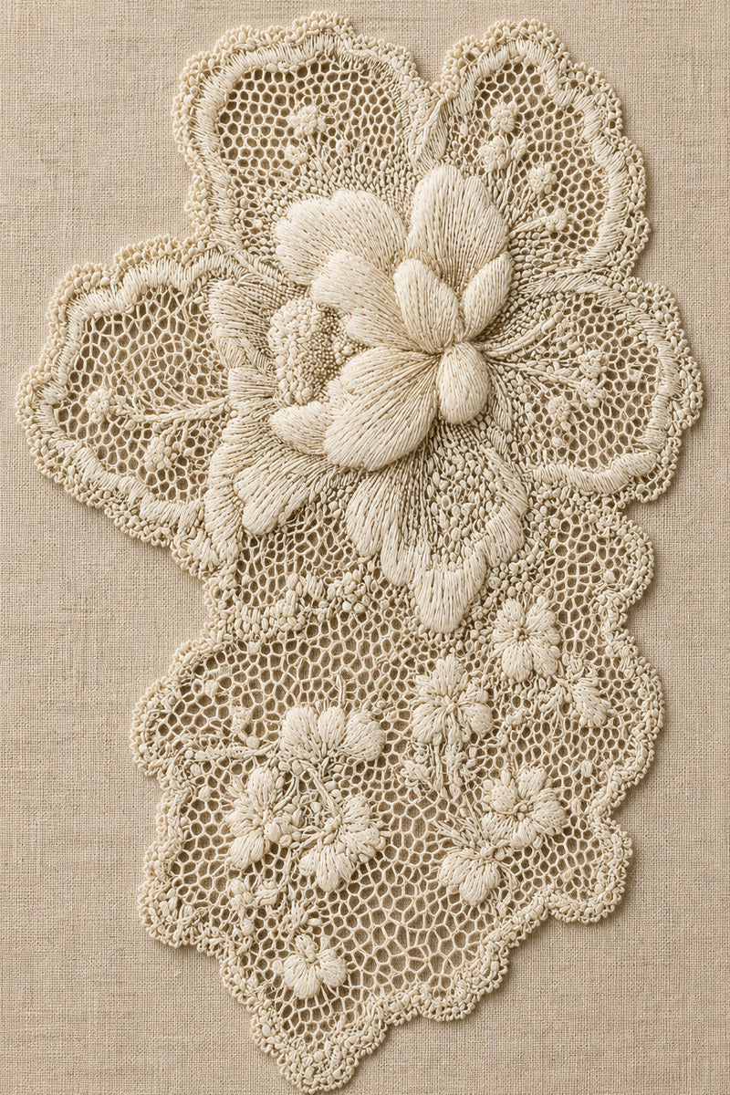 Irish Lace Mesh Motif 1 from Lace Embroidery & Broderie Designs Book 1, a digital embroidery design reference for machine embroidery designs, embroidery patterns and lace and broderie details.