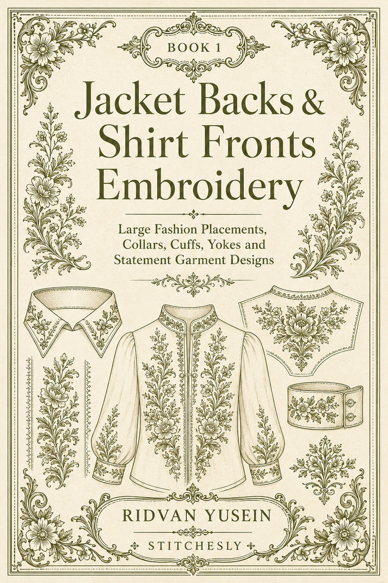 Jacket Backs And Shirt Fronts Embroidery 1 Book from Jacket Backs & Shirt Fronts Embroidery Book 1, a digital embroidery design reference for machine embroidery designs, embroidery patterns and garment placement ideas.