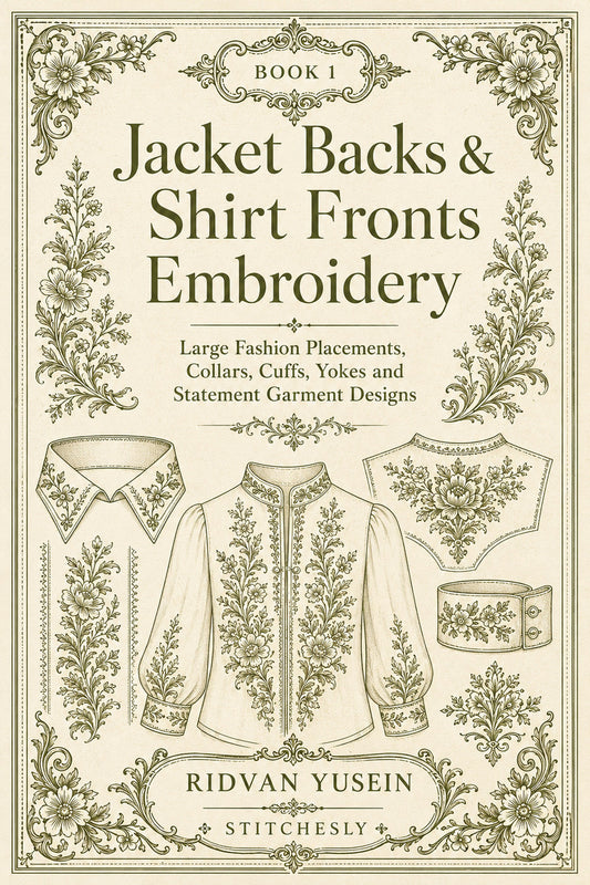 Jacket Backs And Shirt Fronts Embroidery 1 Book from Jacket Backs & Shirt Fronts Embroidery Book 1, a digital embroidery design reference for machine embroidery designs, embroidery patterns and garment placement ideas.